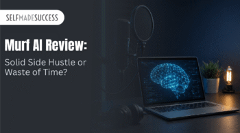 Hero image for a Murf AI Review article: a dark left panel with the SELFMADESUCCESS logo and large title, a studio mic with pop filter, over a laptop displaying a blue brain hologram, headphones and a plant on the desk.