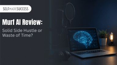 Hero image for a Murf AI Review article: a dark left panel with the SELFMADESUCCESS logo and large title, a studio mic with pop filter, over a laptop displaying a blue brain hologram, headphones and a plant on the desk.