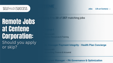 Hero banner promoting remote jobs at Centene Corporation with bold white text on a dark blue background and Self Made Success logo on the left.