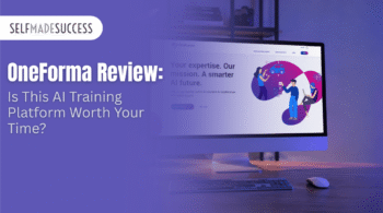 SelfMadeSuccess article hero: 'OneForma Review' with a purple overlay and a desktop monitor displaying an illustration on the screen.