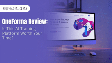 SelfMadeSuccess article hero: 'OneForma Review' with a purple overlay and a desktop monitor displaying an illustration on the screen.