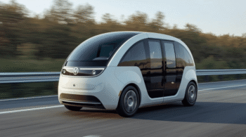 Futuristic autonomous white pod car driving on a highway with large curved glass panels