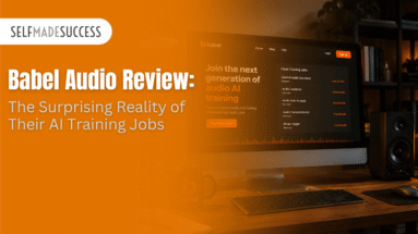 Babel Audio Review The Surprising Reality of Their AI Training Jobs - Self-Made Success Hero image with orange overlay showing the SelfMadeSuccess logo and the article title: Babel Audio Review: The Surprising Reality of Their AI Training Jobs, beside a computer screen on a desk.