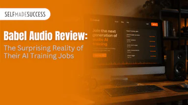 Hero image with orange overlay showing the SelfMadeSuccess logo and the article title: Babel Audio Review: The Surprising Reality of Their AI Training Jobs, beside a computer screen on a desk.