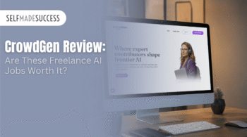 Hero image for Self Made Success article: 'CrowdGen Review: Are These Freelance AI Jobs Worth It?' shown beside a desk computer on a muted blue background, with logo in the corner and bold title text on the left.