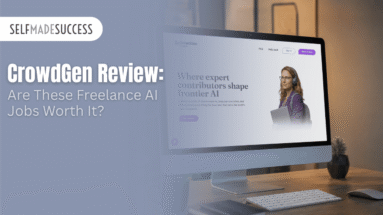Hero image for Self Made Success article: 'CrowdGen Review: Are These Freelance AI Jobs Worth It?' shown beside a desk computer on a muted blue background, with logo in the corner and bold title text on the left.