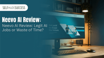 Hero image for an article: teal overlay with Self Made Success logo and the title 'Neevo AI Review: Legit AI Jobs or Waste of Time?' over a computer monitor on a desk