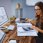 Businesswoman wearing glasses reviews an invoice on a large computer monitor while counting with a calculator and organizing papers at a wooden desk.