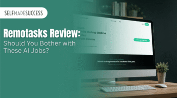 Blog hero with teal overlay and SelfMadeSuccess logo, showing the title: 'Remotasks Review: Should You Bother with These AI Jobs?' beside a computer monitor on a desk