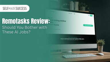 Blog hero with teal overlay and SelfMadeSuccess logo, showing the title: 'Remotasks Review: Should You Bother with These AI Jobs?' beside a computer monitor on a desk
