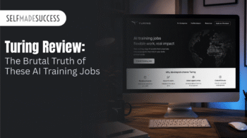 Dark split layout with SelfMadeSuccess logo and the title 'Turing Review: The Brutal Truth of These AI Training Jobs' on the left; a computer monitor displaying a Turing webpage on the right.