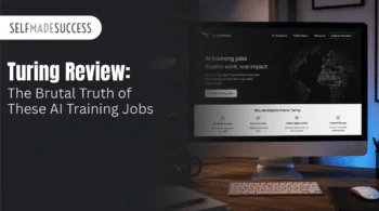 Dark split layout with SelfMadeSuccess logo and the title 'Turing Review: The Brutal Truth of These AI Training Jobs' on the left; a computer monitor displaying a Turing webpage on the right.