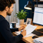 Man at a home office desk reviews printed documents while a monitor shows a data table or spreadsheet.