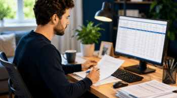 Man at a home office desk reviews printed documents while a monitor shows a data table or spreadsheet.