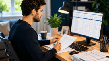 claims administrator - Self-Made Success Man at a home office desk reviews printed documents while a monitor shows a data table or spreadsheet.