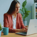 Woman in a coral blazer typing on a silver laptop at a wooden desk with a teal mug and potted plant nearby in a tidy home office.
