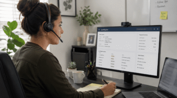Support agent wearing a headset works at a desk, taking notes while a monitor shows a loss mitigation dashboard.