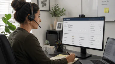 Support agent wearing a headset works at a desk, taking notes while a monitor shows a loss mitigation dashboard.