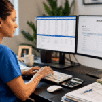 Medical professional in blue scrubs typing at a desk with two monitors showing a spreadsheet and an invoice side by side.