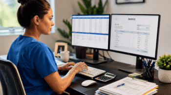 Medical professional in blue scrubs typing at a desk with two monitors showing a spreadsheet and an invoice side by side.