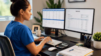 Medical professional in blue scrubs typing at a desk with two monitors showing a spreadsheet and an invoice side by side.
