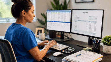 medical billing 1 - Self-Made Success Medical professional in blue scrubs typing at a desk with two monitors showing a spreadsheet and an invoice side by side.