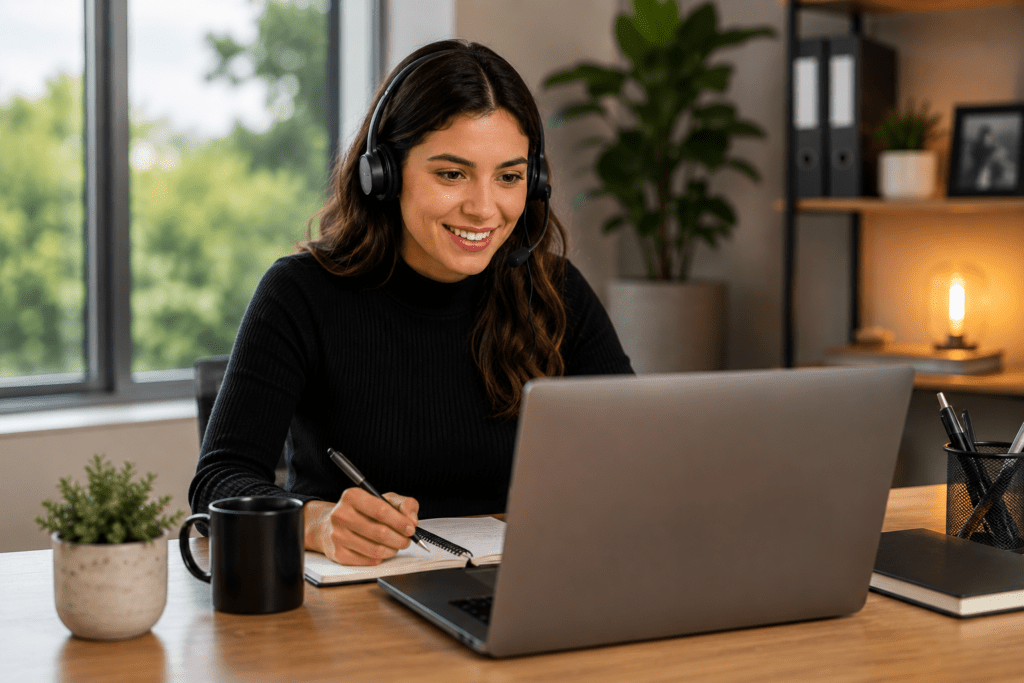 Woman wearing a headset at a desk, smiling while taking notes beside a laptop and notebook.