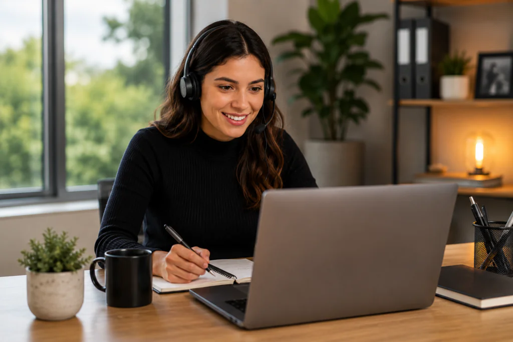 Woman wearing a headset at a desk, smiling while taking notes beside a laptop and notebook.