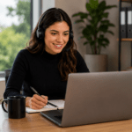 Woman wearing a headset at a desk, smiling while taking notes beside a laptop and notebook.