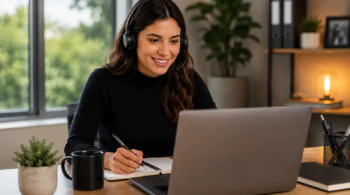 Woman wearing a headset at a desk, smiling while taking notes beside a laptop and notebook.