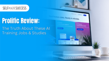 Hero image for SelfMadeSuccess article: blue overlay with 'Prolific Review' headline and a computer monitor showing AI study visuals on the right.