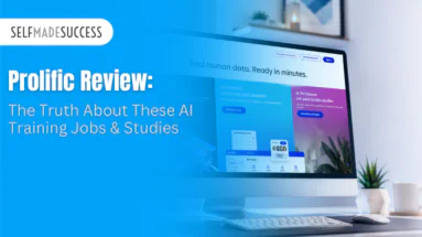 Hero image for SelfMadeSuccess article: blue overlay with 'Prolific Review' headline and a computer monitor showing AI study visuals on the right.