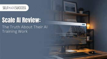 Hero banner with Self Made Success logo and headline: Scale AI Review—the Truth About Their AI Training Work, over a blue-tinted workspace image.