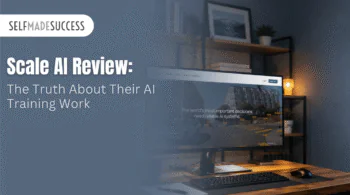 Hero banner with Self Made Success logo and headline: Scale AI Review—the Truth About Their AI Training Work, over a blue-tinted workspace image.