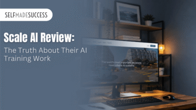 Scale AI Review The Truth About Their AI Training Work - Self-Made Success Hero banner with Self Made Success logo and headline: Scale AI Review—the Truth About Their AI Training Work, over a blue-tinted workspace image.