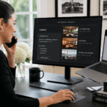 Woman on a call at a desk with a large monitor showing a dining options app.