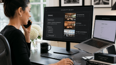 dining reservations associate - Self-Made Success Woman on a call at a desk with a large monitor showing a dining options app.