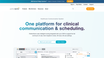 Hero headline: 'One platform for clinical communication & scheduling' on a healthcare software site with a blue gradient background and demo call-to-action button, 2026 styling.