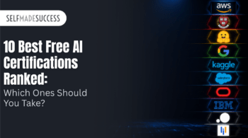 Bold article hero: '10 Best Free AI Certifications Ranked: Which Ones Should You Take?' with a vertical row of tech logos on the right.