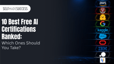 Bold article hero: '10 Best Free AI Certifications Ranked: Which Ones Should You Take?' with a vertical row of tech logos on the right.