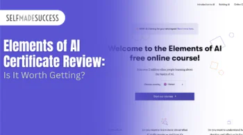 Hero banner with the SelfMadeSuccess logo and a left-dominant gradient background, showing the title 'Elements of AI Certificate Review: Is It Worth Getting?' and the right side promoting the free 'Elements of AI' online course.