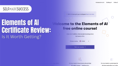 Hero banner with the SelfMadeSuccess logo and a left-dominant gradient background, showing the title 'Elements of AI Certificate Review: Is It Worth Getting?' and the right side promoting the free 'Elements of AI' online course.