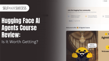 Split hero banner: dark left panel with the SelfMadeSuccess logo and bold article title; right shows a course site mockup with a welcome image of a grand staircase and a yellow mascot.