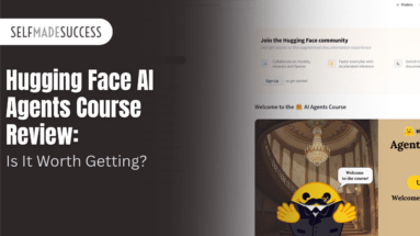 Split hero banner: dark left panel with the SelfMadeSuccess logo and bold article title; right shows a course site mockup with a welcome image of a grand staircase and a yellow mascot.