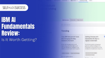 SelfMadeSuccess hero banner with IBM AI Fundamentals Review title on the left in bold white text and gradient blue-to-light background.