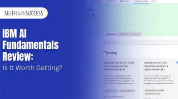SelfMadeSuccess hero banner with IBM AI Fundamentals Review title on the left in bold white text and gradient blue-to-light background.