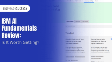 SelfMadeSuccess hero banner with IBM AI Fundamentals Review title on the left in bold white text and gradient blue-to-light background.