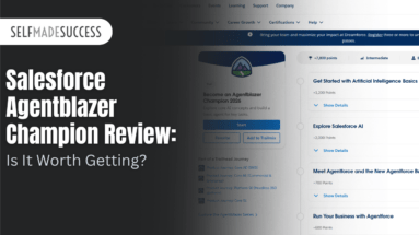 Self Made Success logo on a dark left panel with a bold white title: 'Salesforce Agentblazer Champion review: Is It Worth Getting?' in the hero image.