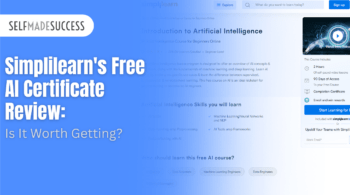 Blue hero banner with SelfMadeSuccess logo and large headline: 'Simplilearn's Free AI Certificate Review: Is It Worth Getting?' and a right-side signup/enrollment panel.