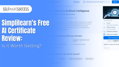 Blue hero banner with SelfMadeSuccess logo and large headline: 'Simplilearn's Free AI Certificate Review: Is It Worth Getting?' and a right-side signup/enrollment panel.